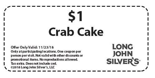 $1 Crab Cake at Prolonged John Silvers San Jose Discount codes image regarding Long John Silver Printable Coupons identified as $1 Crab Cake at Extensive John Silvers San Jose Discount codes
