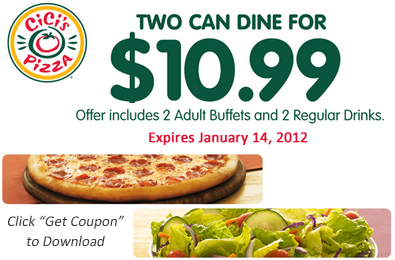Printable Coupon: 2 Can Dine for $10.99 at CiCis Pizza picture relating to Cici's Pizza Printable Coupons called Printable Coupon: 2 Can Dine for $10.99 at CiCis Pizza