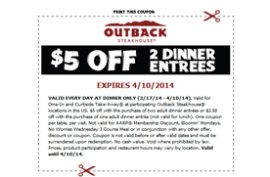$5 off two dinner entrees at Outback Steakhouse | Los Angeles Coupons ...