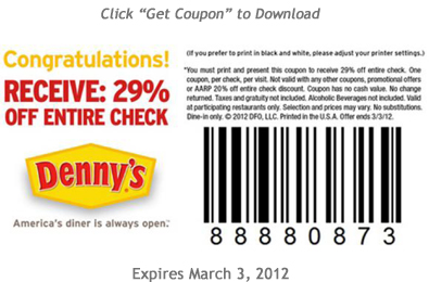 Printable Coupon 29 Off Your Entire Check At Denny S